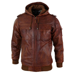 Mens Real Leather Hood Bomber Jacket Tan Timber Brown Washed Vintage Quilted-TruClothing