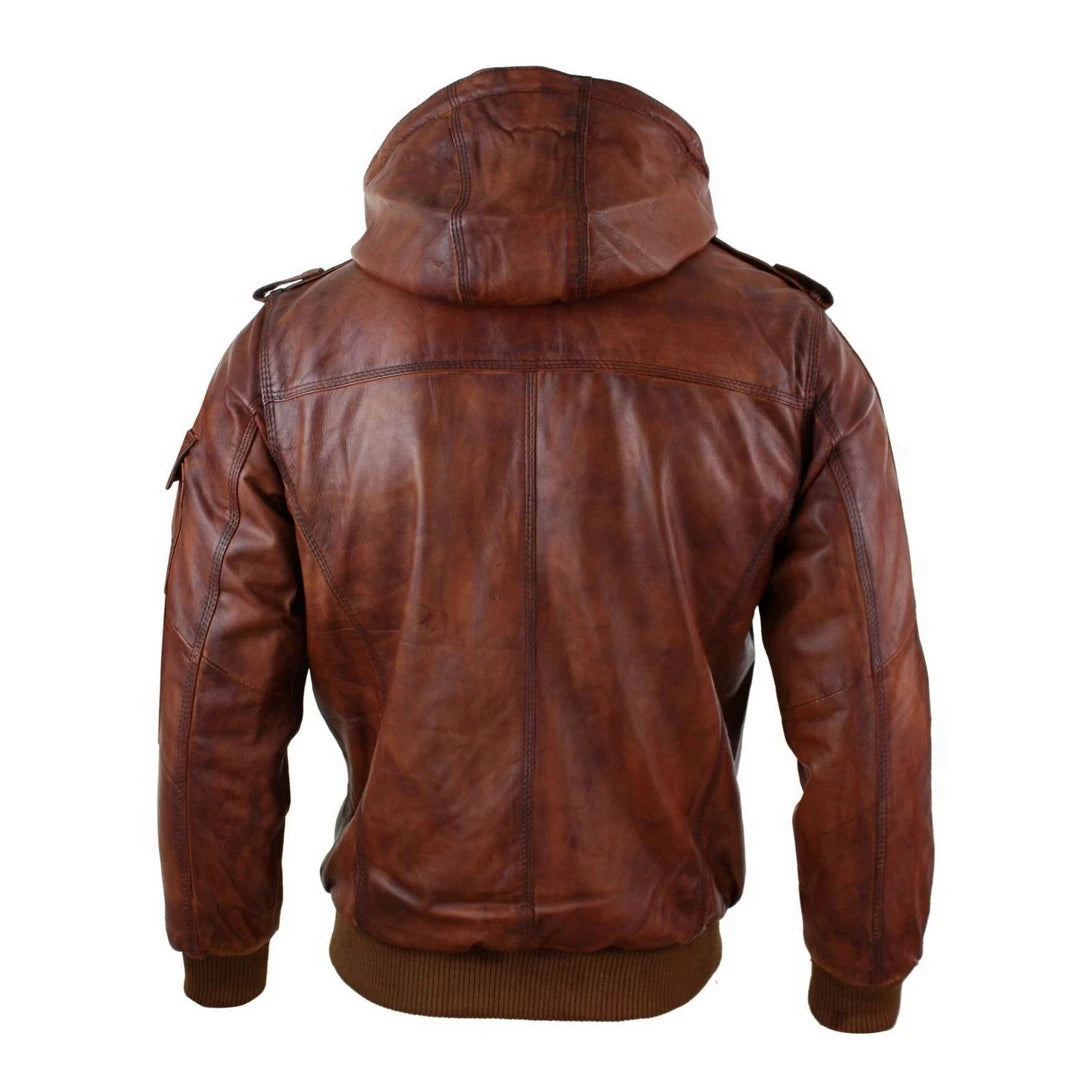 Mens Real Leather Hood Bomber Jacket Tan Timber Brown Washed Vintage Quilted-TruClothing