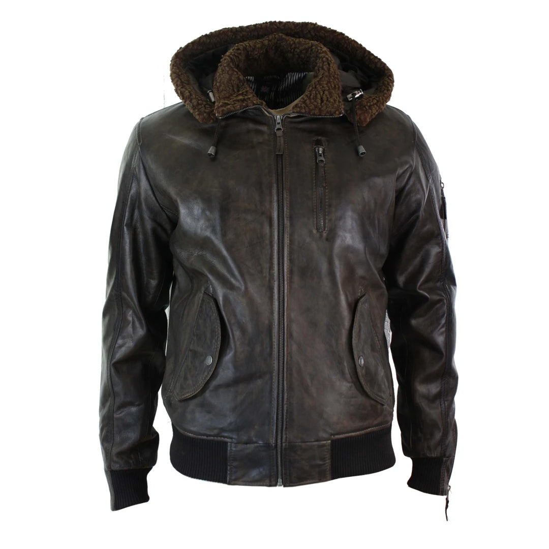 Mens Real Leather Hood Fur Jacket Bomber Aviator Vintage Brown Retro-TruClothing
