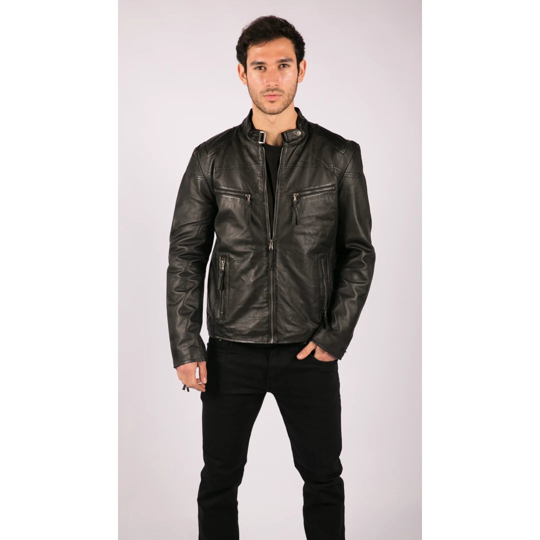 Mens Real Leather Jacket Biker Style Vintage Black Zipped Pockets Casual Fitted-TruClothing