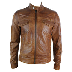 Mens Real Leather Jacket Biker Vintage Brown Zipped Pockets Casual Fitted Retro-TruClothing