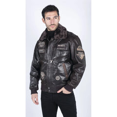 Mens Real Leather Jacket Bomber Aviator Style Badge Design Brown-TruClothing