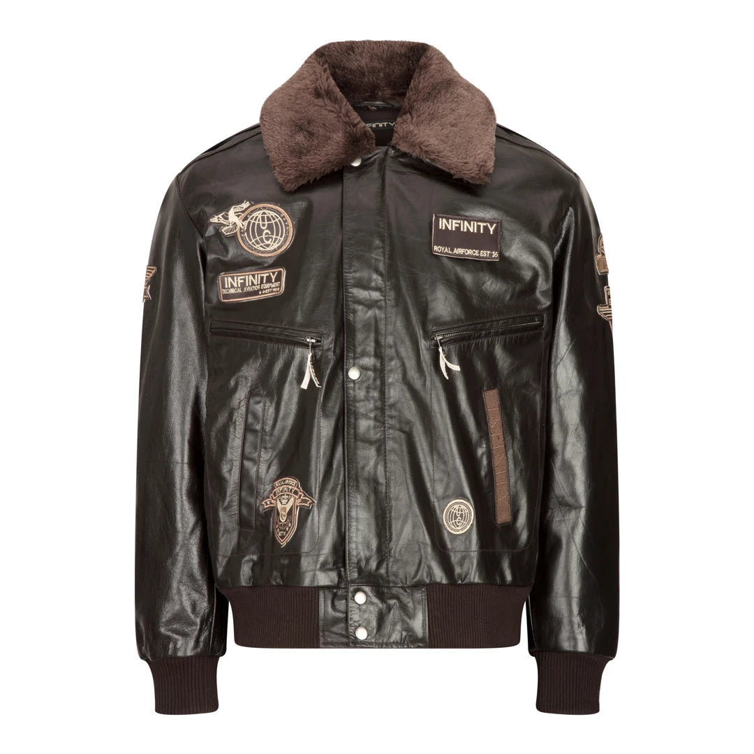 Mens Real Leather Jacket Bomber Aviator Style Badge Design Brown-TruClothing