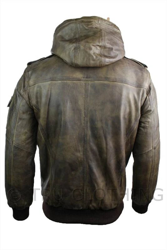 Mens Real Leather Jacket Hooded Brown Slim Fit Vintage Retro Look-TruClothing