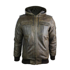 Mens Real Leather Jacket Hooded Brown Slim Fit Vintage Retro Look-TruClothing