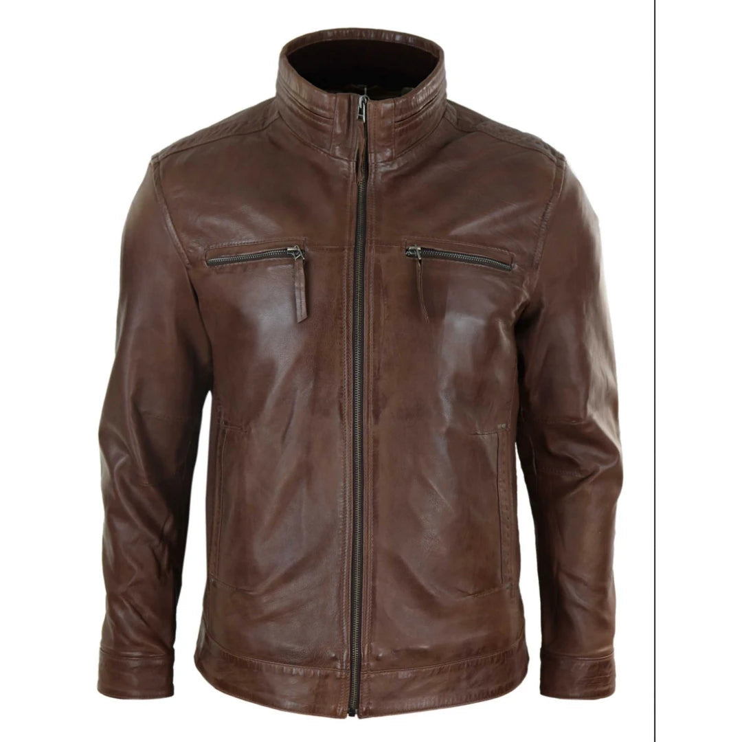 Mens Real Leather Jacket Zipped Biker Style High Collar Smart Casual-TruClothing