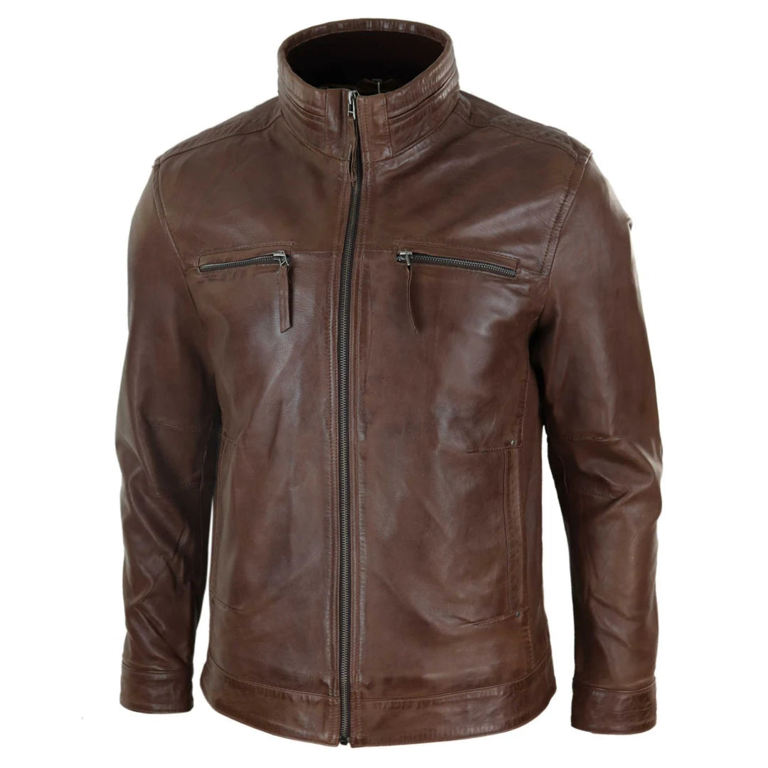 Mens Real Leather Jacket Zipped Biker Style High Collar Smart Casual-TruClothing