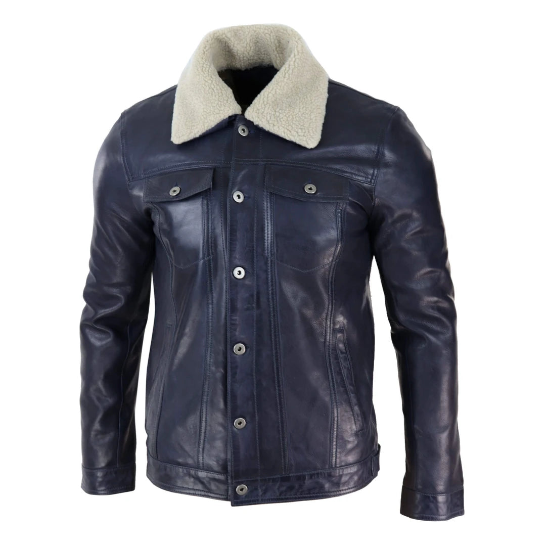 Mens Real Leather Jeans Jacket Fur Collar Retro Vintage Classic Navy Blue Casual-TruClothing