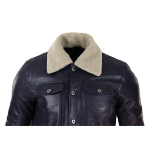 Blouson homme veste cuir véritable jeans col fourré rétro vintage classique bleu marine - Infinity Leather - 3