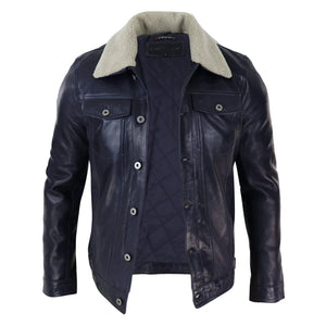 Blouson homme veste cuir véritable jeans col fourré rétro vintage classique bleu marine - Infinity Leather - 4