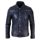 Mens Real Leather Jeans Jacket Fur Collar Retro Vintage Classic Navy Blue Casual-TruClothing