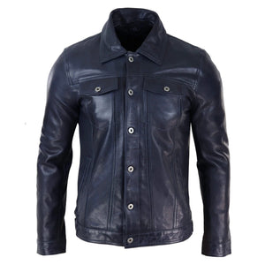 Blouson homme veste cuir véritable jeans col fourré rétro vintage classique bleu marine - Infinity Leather - 5