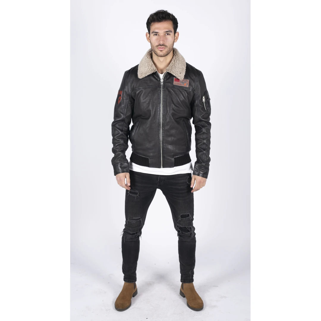 Men's Leather Pilot Bomber Jacket With Fur Collar | Infinity – TruClothing