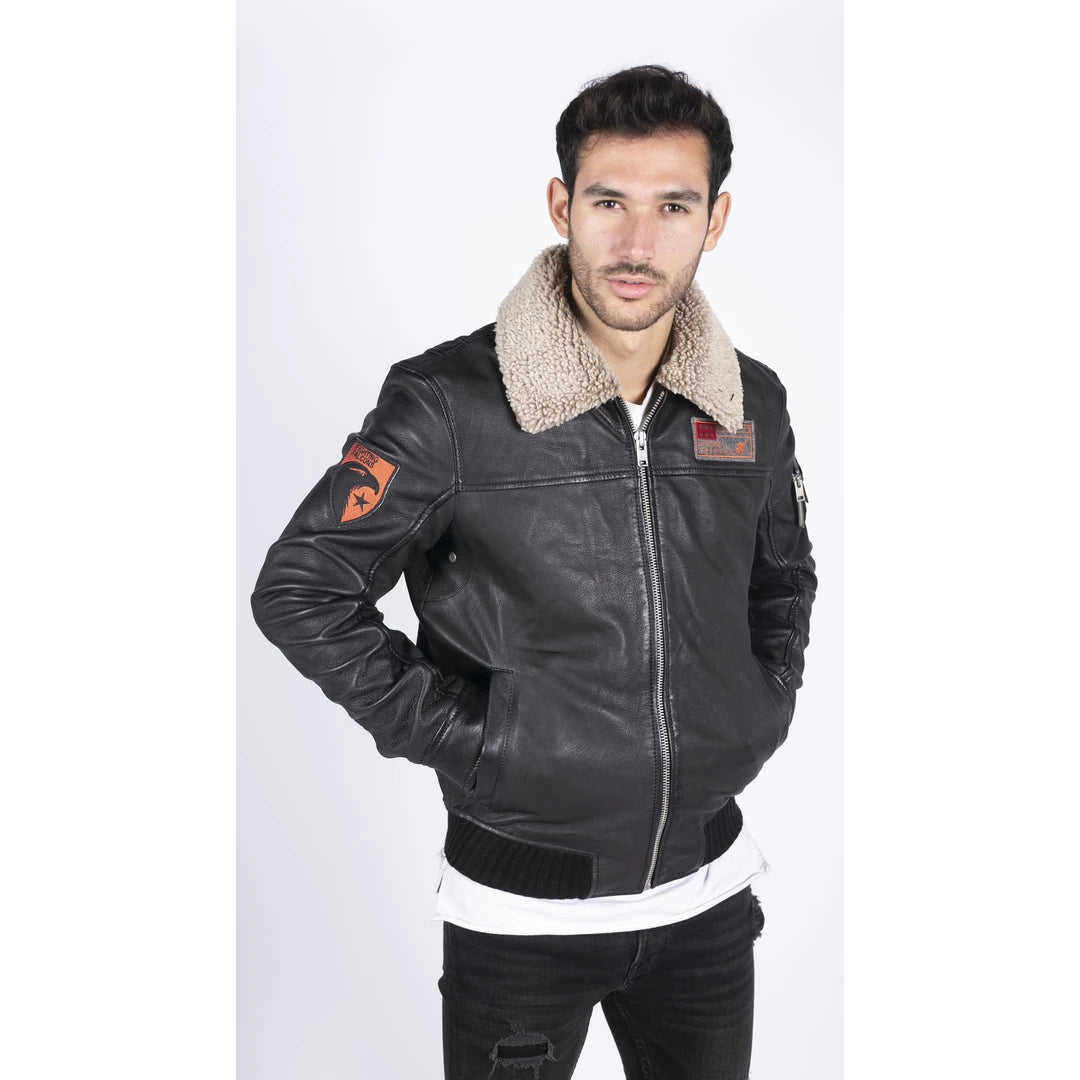 Men's Leather Pilot Bomber Jacket With Fur Collar | Infinity – TruClothing