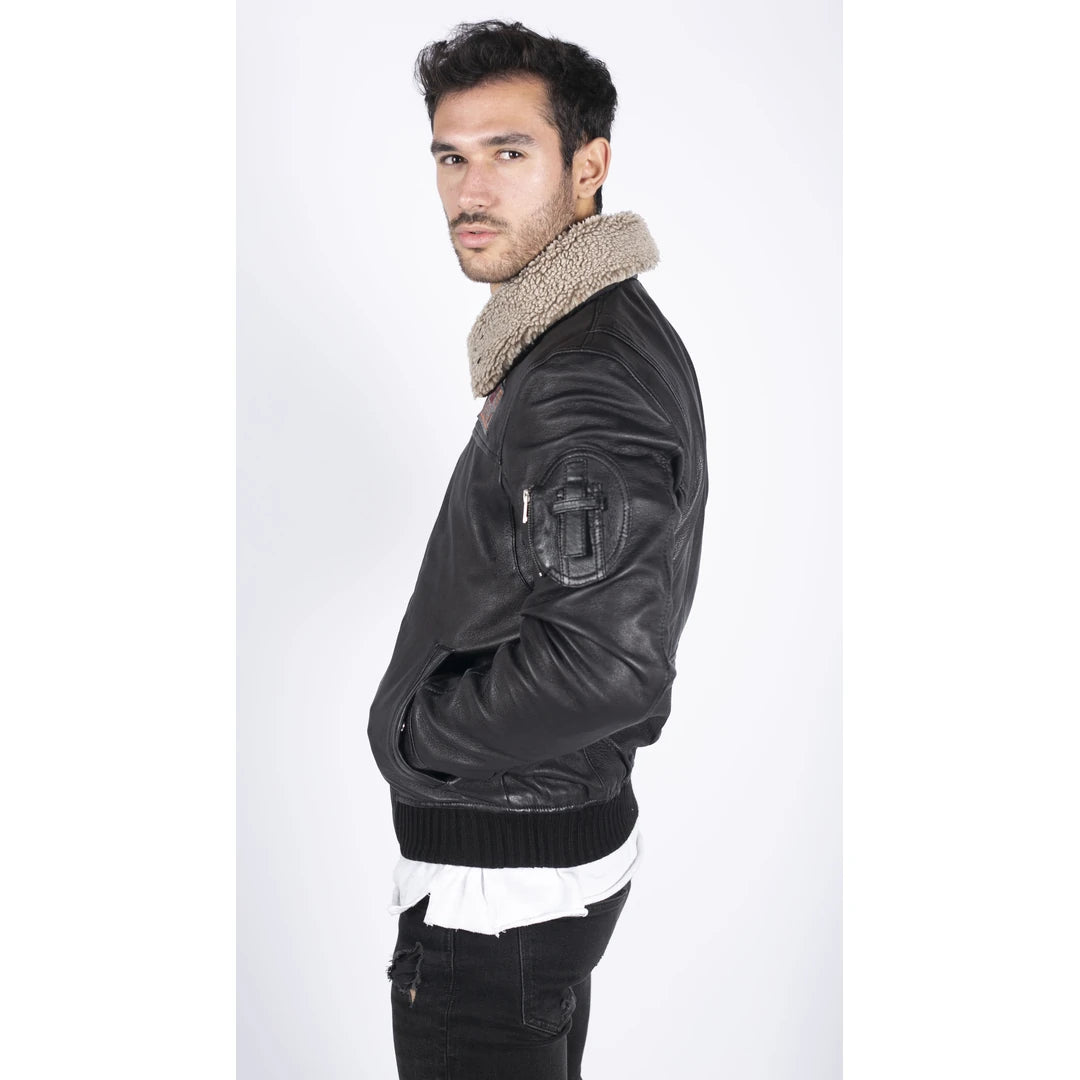 Mens Real Leather Pilot Bomber Jacket Air Force Aviator Falcon Badge Fur Collar-TruClothing