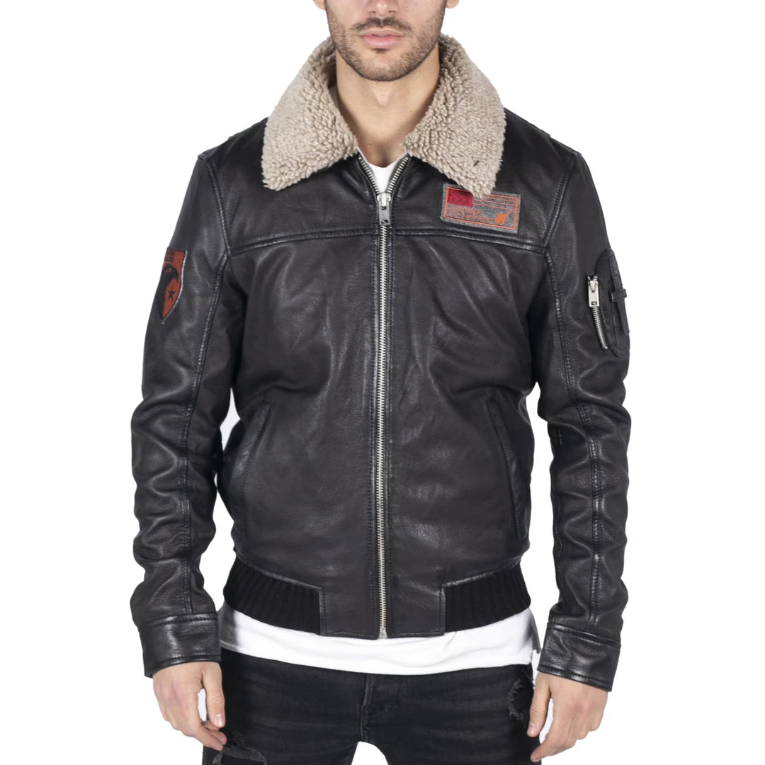 Mens Real Leather Pilot Bomber Jacket Air Force Aviator Falcon Badge Fur Collar-TruClothing