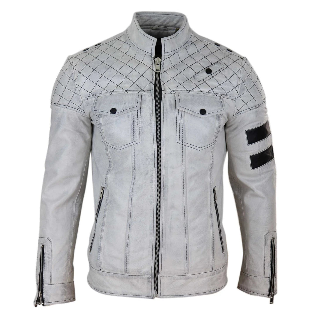 Mens Real Leather Racing Jacket Biker Zipped Casual Napa Stripes Black White-TruClothing