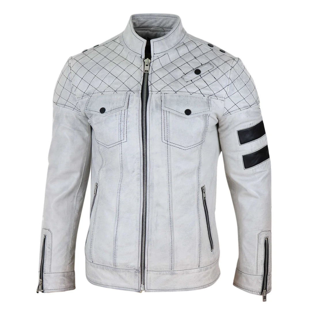 Mens Real Leather Racing Jacket Biker Zipped Casual Napa Stripes Black White-TruClothing