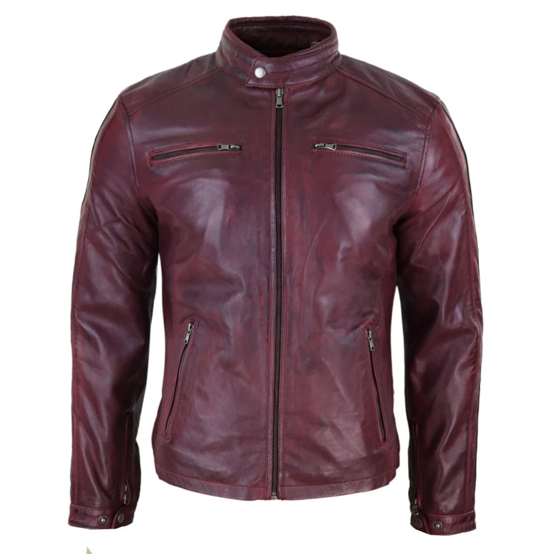 Mens Real Leather Red Stripes Racing Jacket Biker Zipped Casual Nehru Collarless-TruClothing