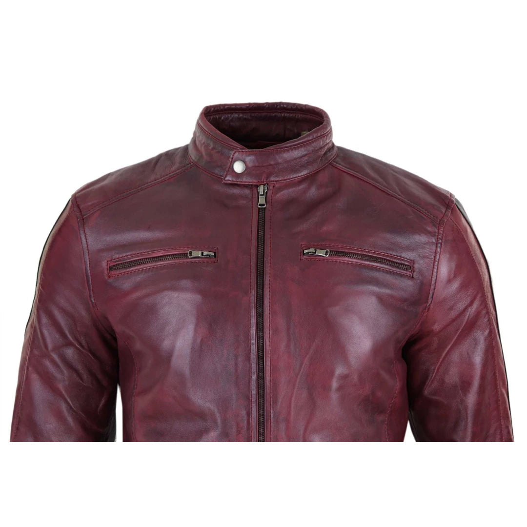 Mens Real Leather Red Stripes Racing Jacket Biker Zipped Casual Nehru Collarless-TruClothing