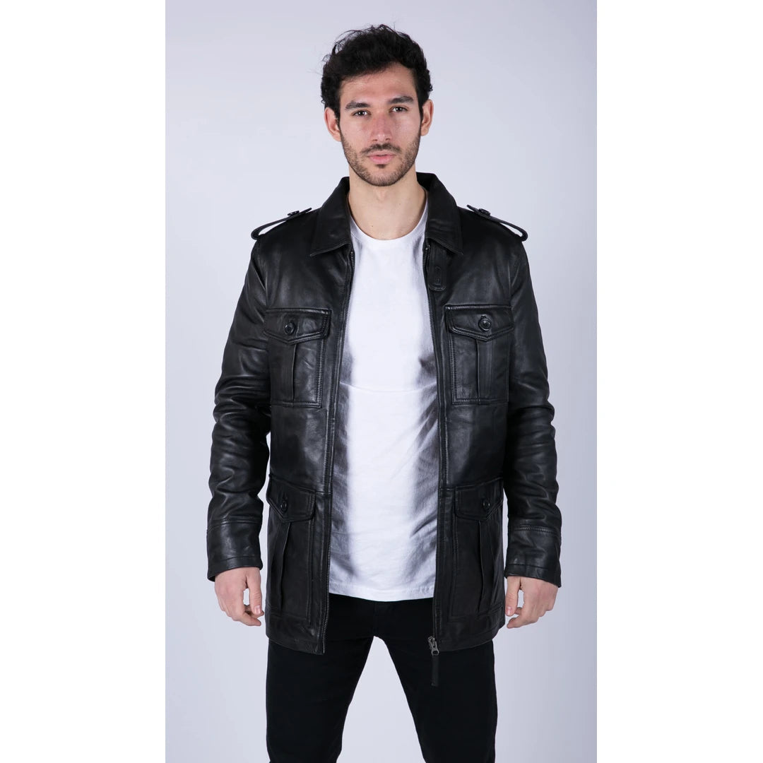 Mens Real Leather Safari Parka Coat Black Brown Tailored Fit Casual Jacket-TruClothing