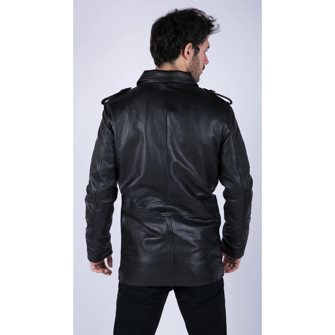 Mens Real Leather Safari Parka Coat Black Brown Tailored Fit Casual Jacket-TruClothing