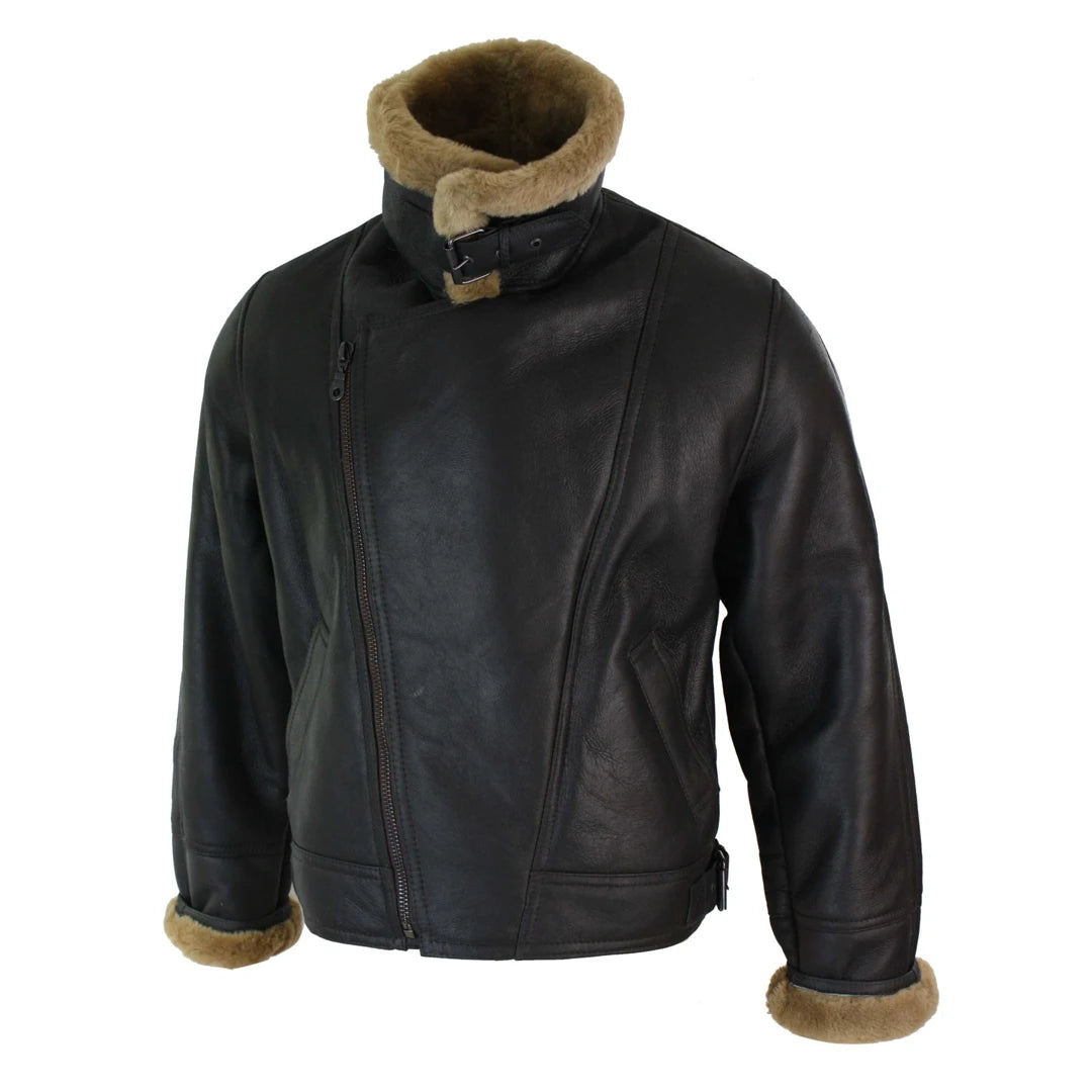 Mens Real Leather Sherling Cross Zip Sheepskin B3 Flying Pilot Jacket Warm Winter-TruClothing