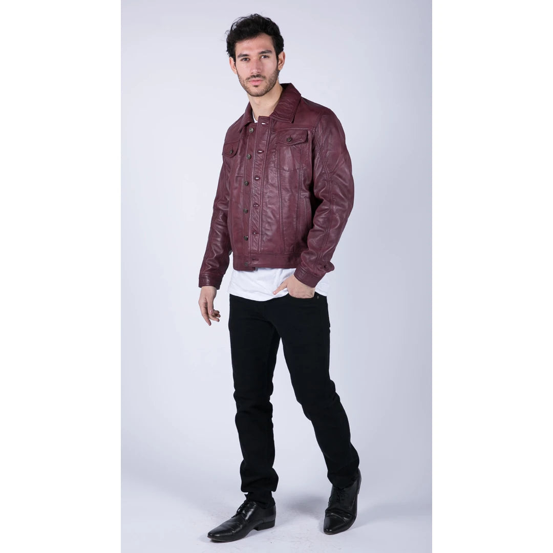 Mens Real Leather Shirt Jacket Burgundy Wine Retro Jeans Style Brando Classic-TruClothing