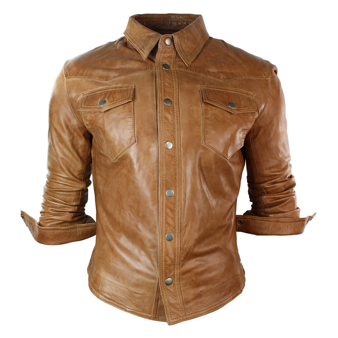 Mens Real Leather Shirt Jacket Tan Brown Black Slim Fit Casual Retro Vintage-TruClothing