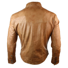 Mens Real Leather Shirt Jacket Tan Brown Black Slim Fit Casual Retro Vintage-TruClothing