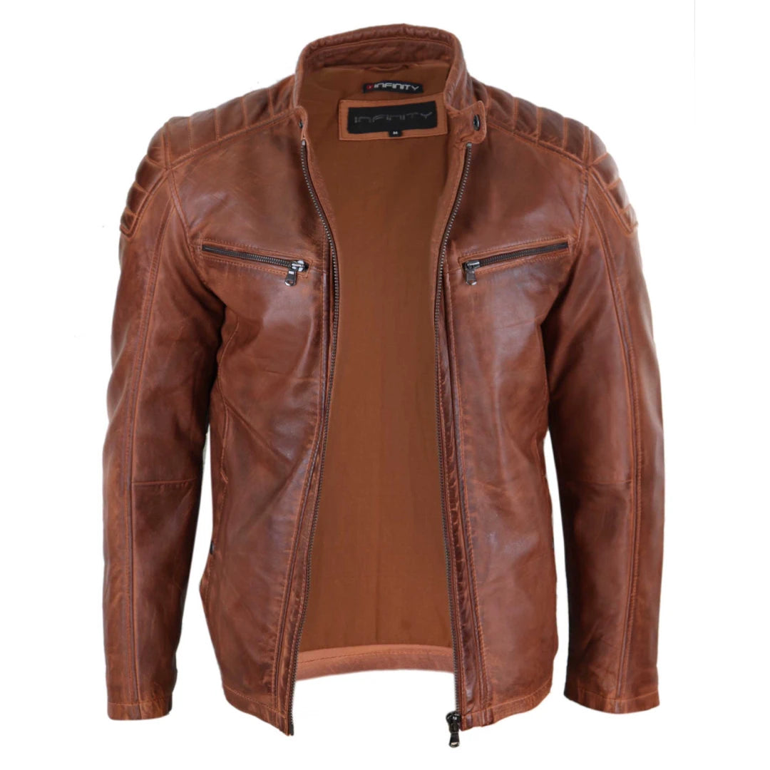 Infinity Chaqueta Biker Marron Azul con Cremallera para Hombre TruClothing