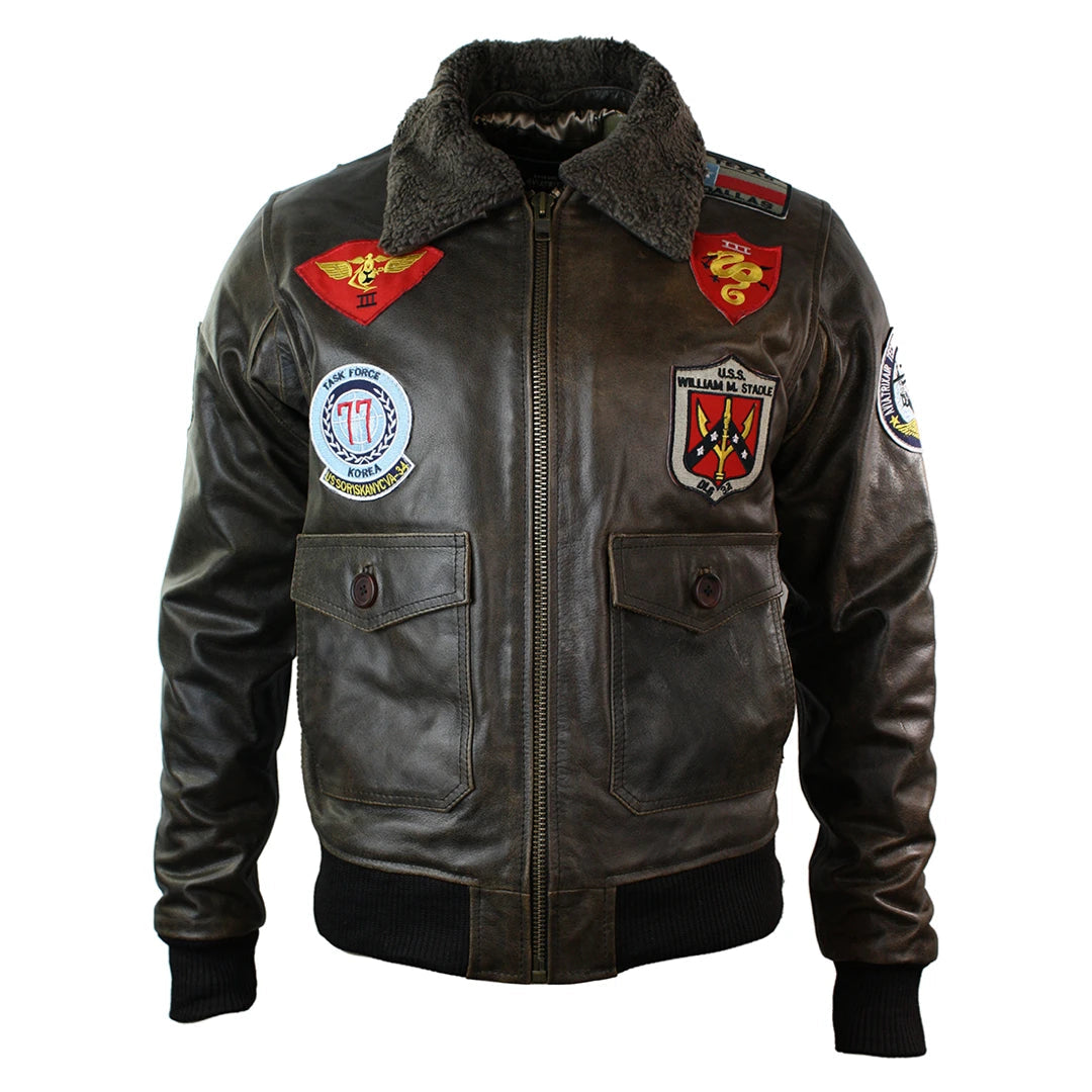 Mens Real Leather US Aviator Air Force Pilot Flying Bomber Jacket Black Fur Collar-TruClothing