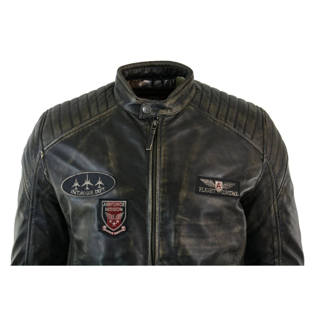 Mens Real Leather Washed Biker Airforce Jacket Distressed Casual Fit Retro Vintage-TruClothing