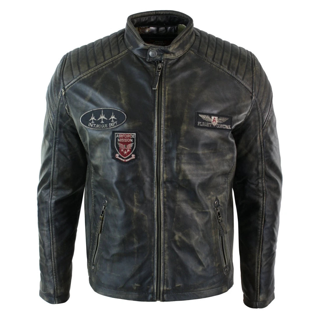 Mens Real Leather Washed Biker Airforce Jacket Distressed Casual Fit Retro Vintage-TruClothing