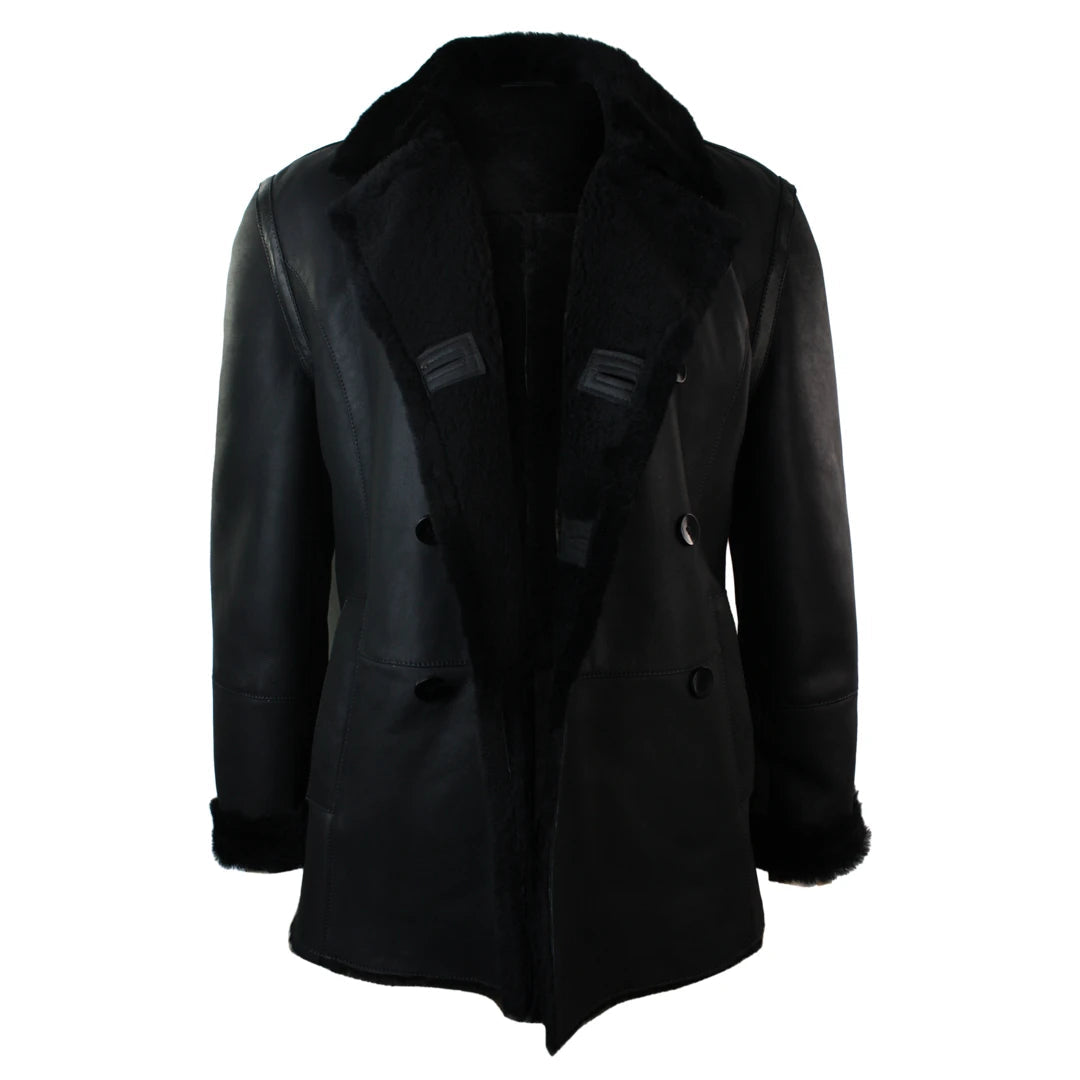 Mens Real Shearling German Navy Sheepskin Double Breasted Jacket Black Fitted-TruClothing