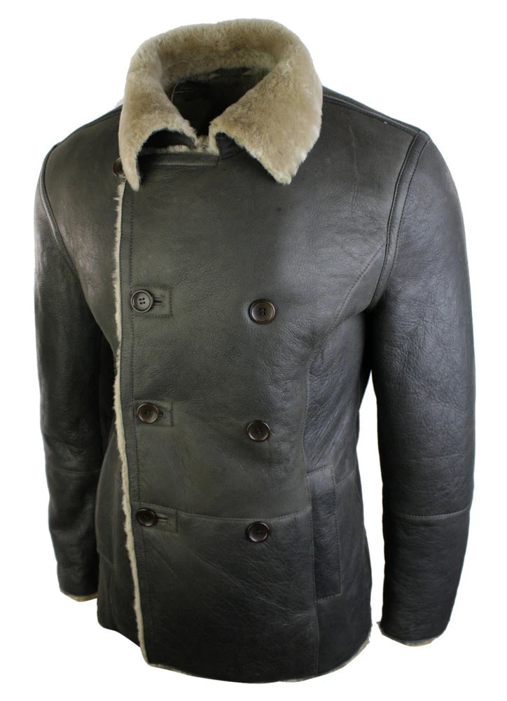 Mens Real Shearling German Navy Sheepskin Double Breasted Jacket Vintage Brown-TruClothing
