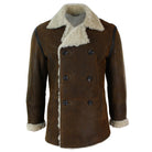 Mens Real Shearling German Navy Sheepskin Double Breasted Jacket Vintage Brown-TruClothing
