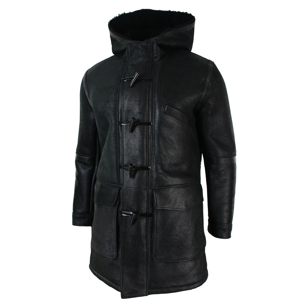 Men s Shearling Sheepskin 3 4 Hood Jacket Black Infinity