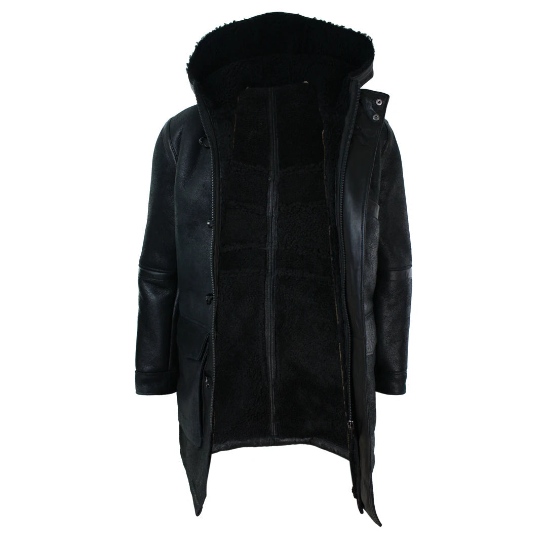 Men s Shearling Sheepskin 3 4 Hood Jacket Black Infinity TruClothing