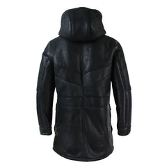 Mens Real Shearling Sheepskin 3/4 Hood Duffle Jacket Black Fur Warm Winter-TruClothing