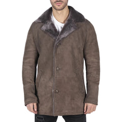 Mens Real Sheepskin Coat Beige Vintage Classic 3/4 Jacket Button Down V Neck-TruClothing