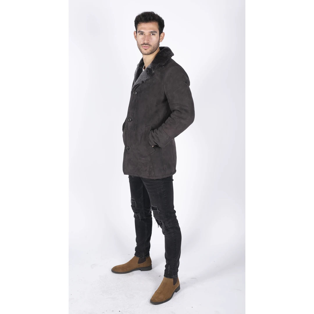 Mens Real Sheepskin Coat Brown Vintage Classic 3/4 Jacket Button Down V Neck-TruClothing