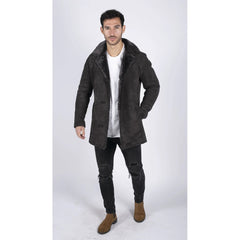 Mens Real Sheepskin Coat Brown Vintage Classic 3/4 Jacket Button Down V Neck-TruClothing
