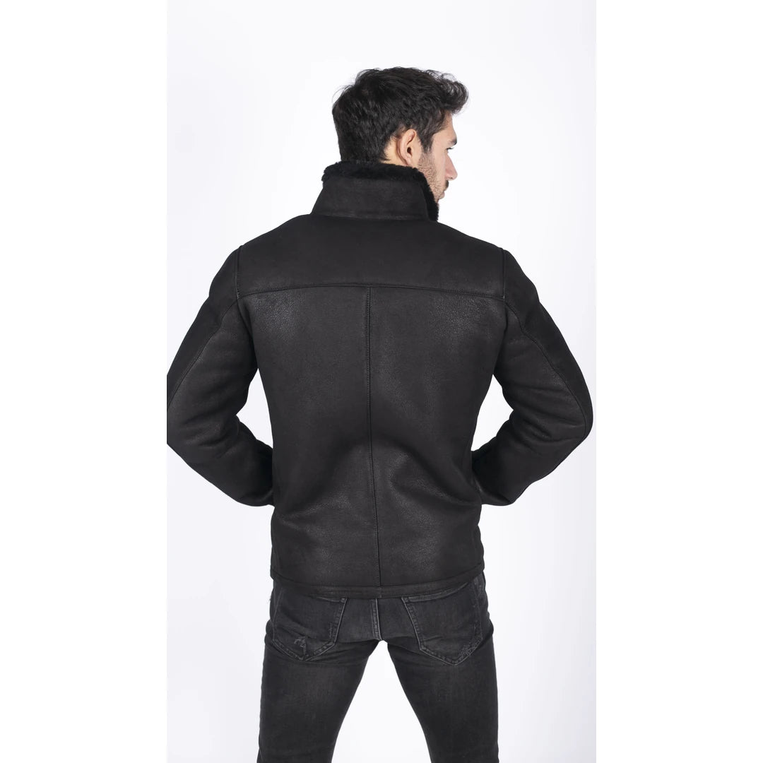 Mens Real Sheepskin Jacket Short Zipped Casual Retro Vintage Black Zipped-TruClothing