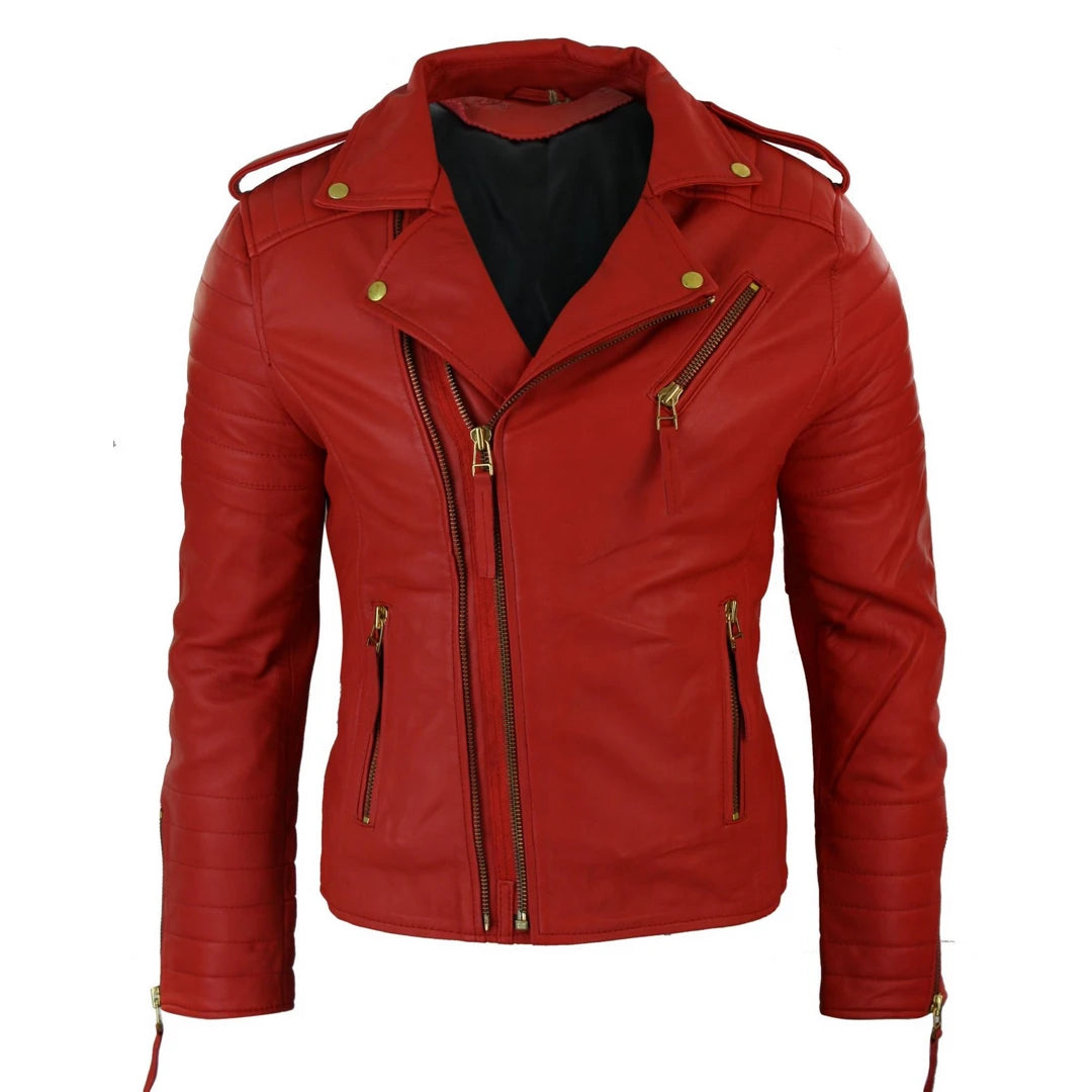 Mens Red Leather Brando Jacket-TruClothing