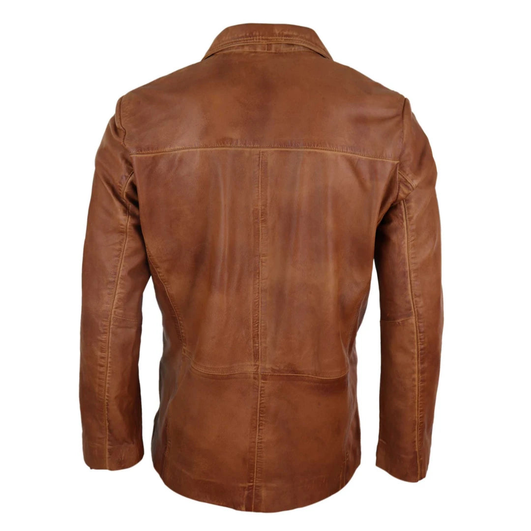 Mens Regular Fit Classic Real Leather 2 Button Tan Brown Blazer Jacket Vintage-TruClothing