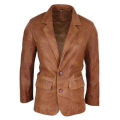 Mens Regular Fit Classic Real Leather 2 Button Tan Brown Blazer Jacket Vintage-TruClothing