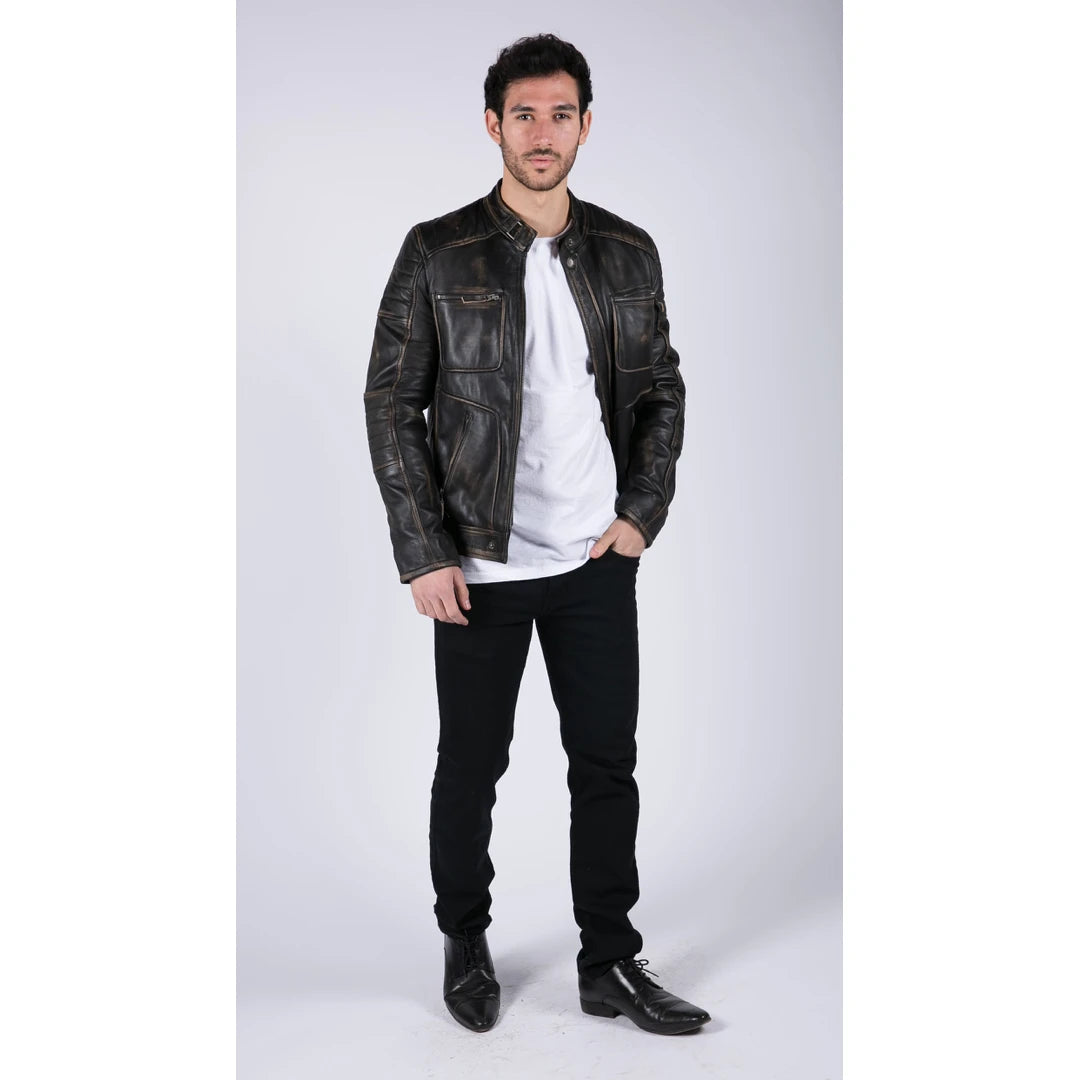 Mens Retro Real Leather Black Brown Washed Jacket Biker Style Zipped-TruClothing