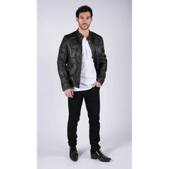 Mens Retro Real Leather Black Brown Washed Jacket Biker Style Zipped-TruClothing