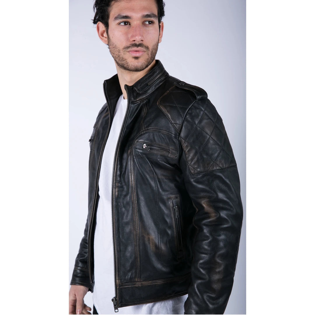 Mens Retro Real Leather Black Brown Washed Racer Jacket Biker Zipped Slim-TruClothing